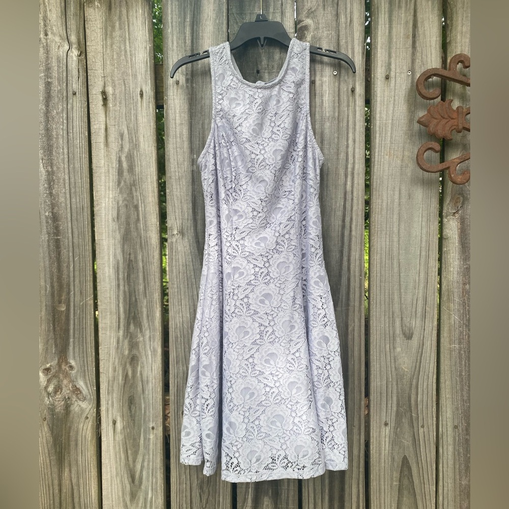 Speechless Grey, sleeveless dress, fully lined with lace overlay.